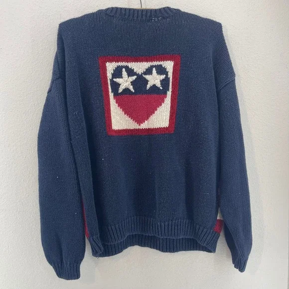 VTG 90s Grunge Thrashed Patriotic Sweater M American Flag Stars Stripes Knit - Picture 9 of 11